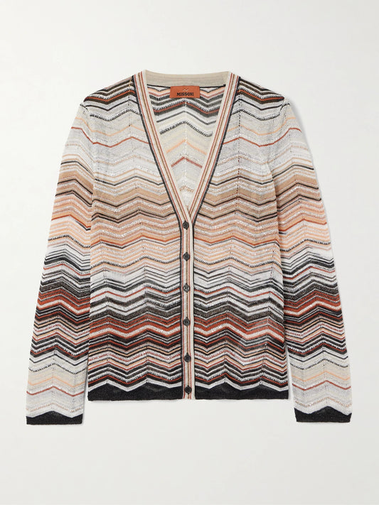 Image of a model wearing Outerwear. Product name - Sequin-embellished Striped Metallic Crochet-knit Cardigan in Multi colour by brand - Missoni