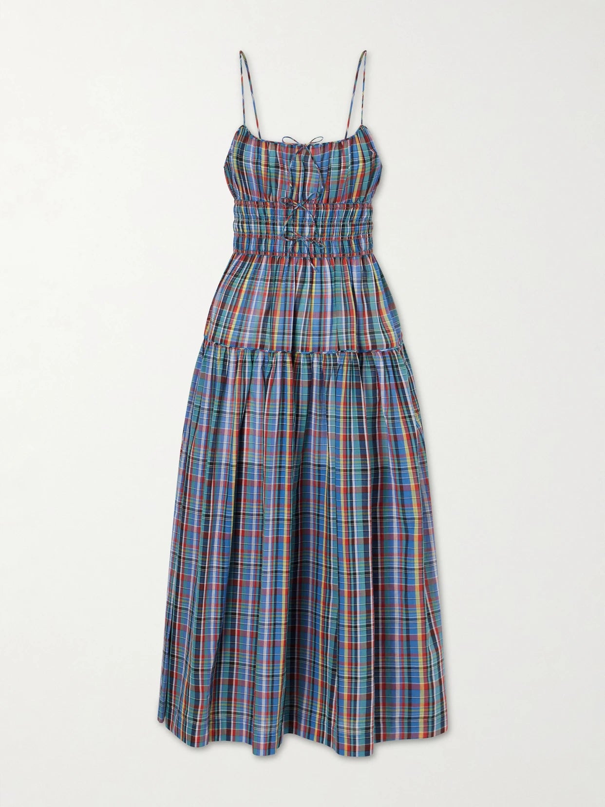 Image of Dresses. Product name - Brielle Gathered Checked Organic Cotton Midi Dress in Blue colour by brand - DÔEN