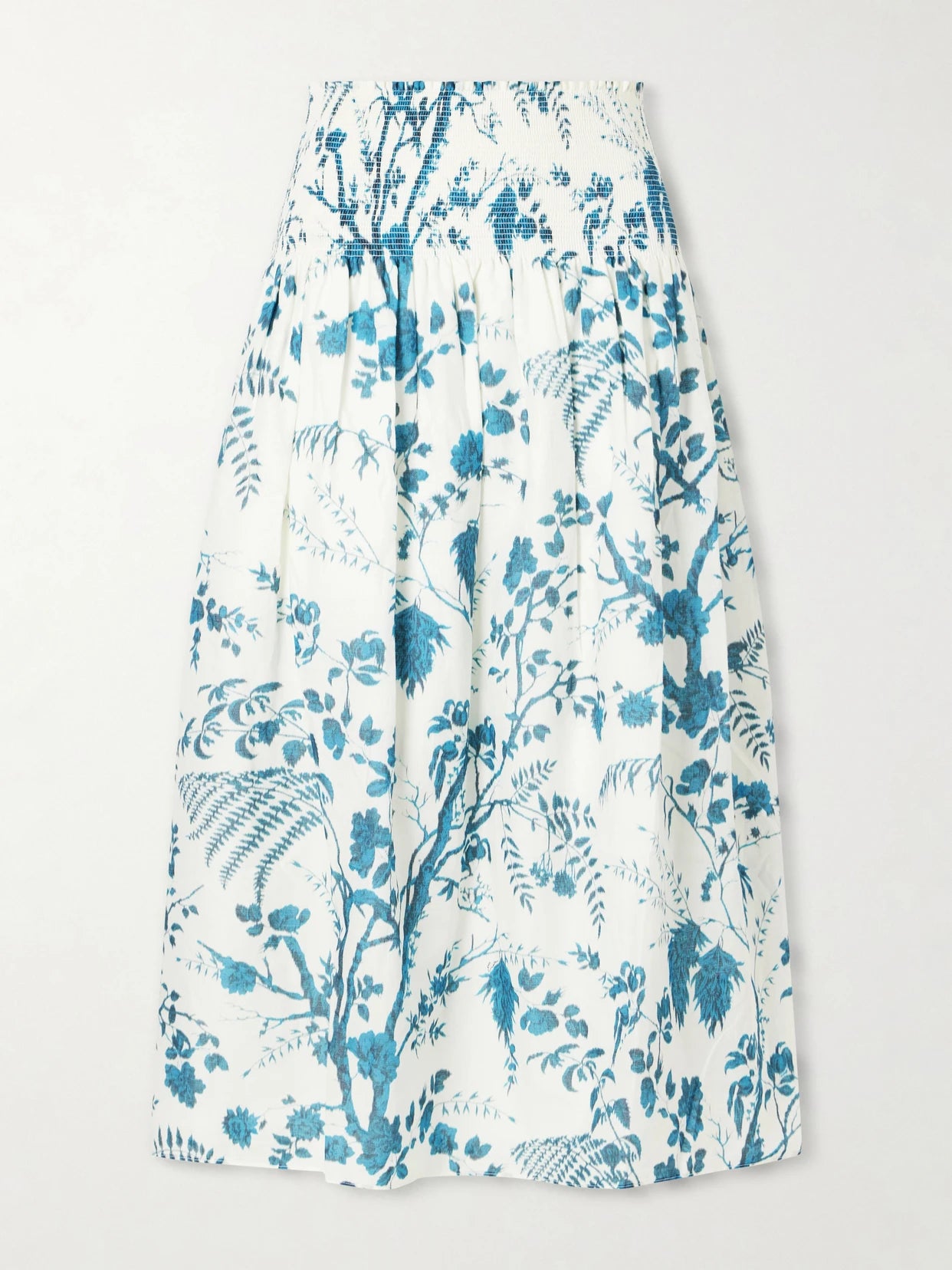 Shirred Floral-print Cotton And Linen-blend Midi Skirt