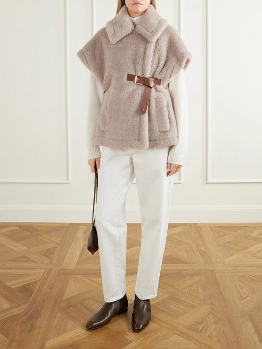 Image of Coats & Jackets. Product name - Abavo Buckled Alpaca, Wool And Silk-blend Fleece Cape in Beige, Burgundy colour by brand - Max Mara