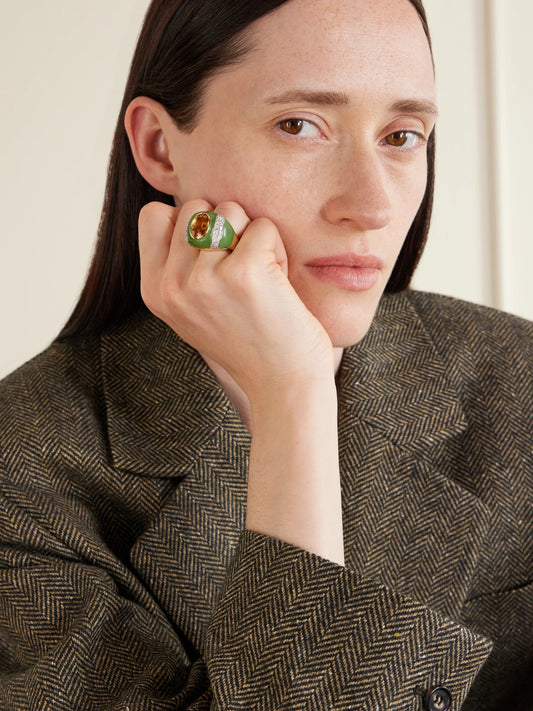 Image of Rings. Product name - Double Stripe 18-karat Gold And Platinum Topaz, Jade And Diamond Ring in Green colour by brand - DAVID WEBB