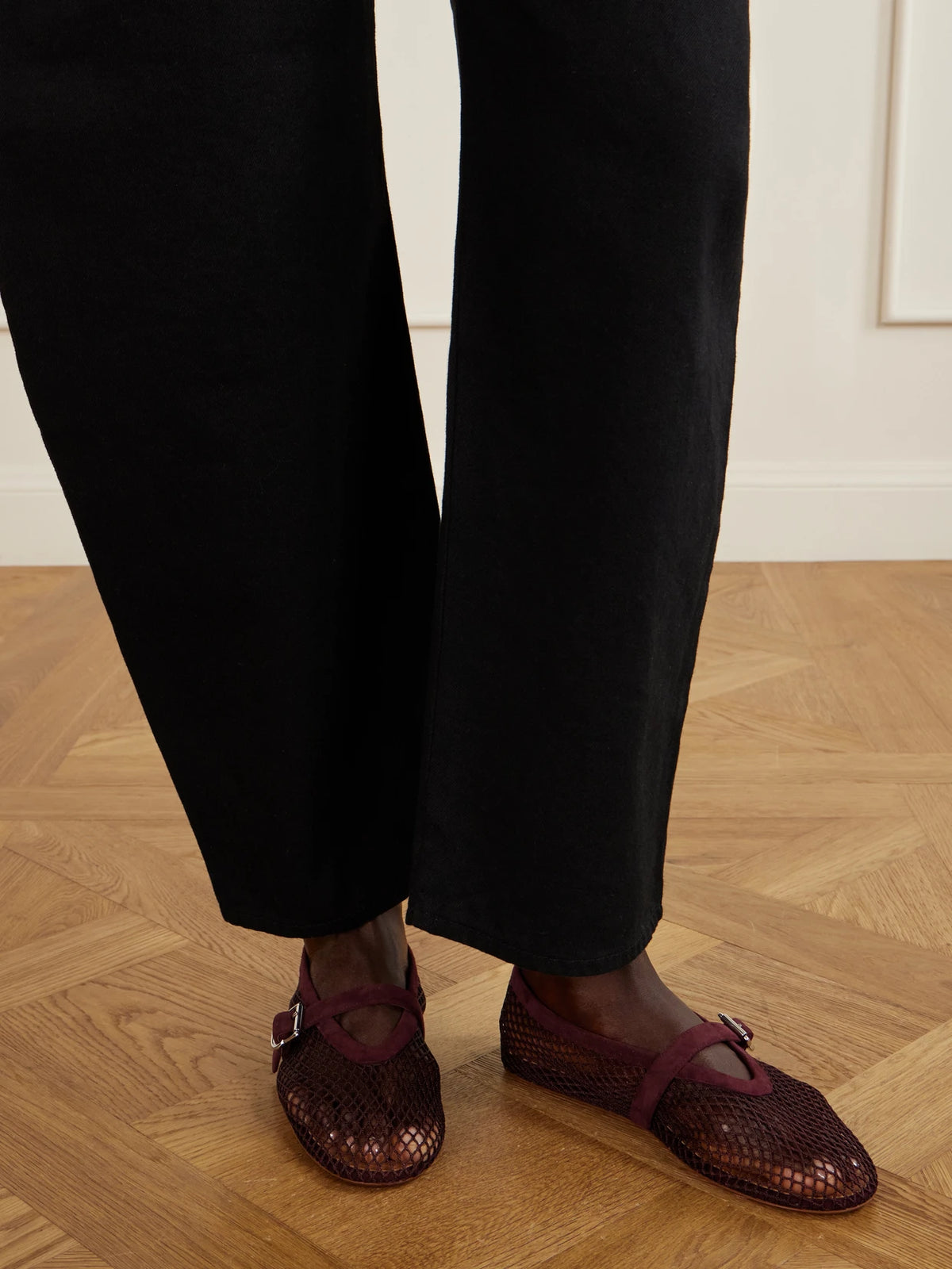 Patent Leather-trimmed Mesh Ballet Flats