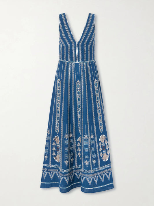 Image of Dresses. Product name - Nellie Embroidered Cotton And Linen-blend Maxi Dress in Blue colour by brand - Emporio Sirenuse