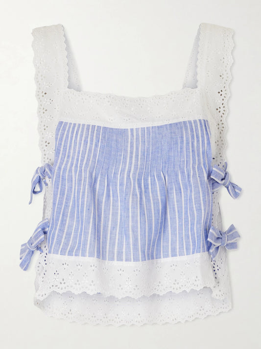 Image of a model wearing Tops. Product name - Fiocchini Pleated Striped Broderie Anglaise-trimmed Linen Top in Blue colour by brand - Loretta Caponi
