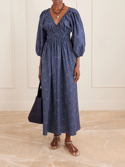Image of Dresses. Product name - Shirred Paisley-print Organic Cotton Midi Dress in Blue colour by brand - Matteau