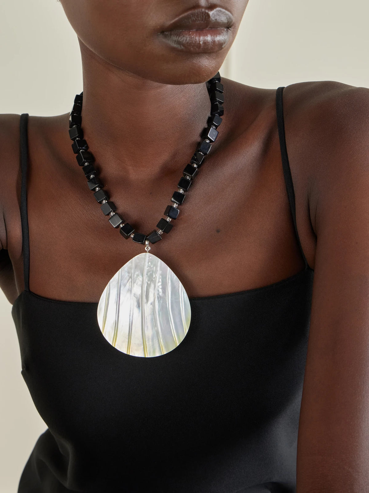 Image of Necklaces. Product name - Oro Rhodium-plated, Shell And Onyx Necklace in Black colour by brand - Julietta