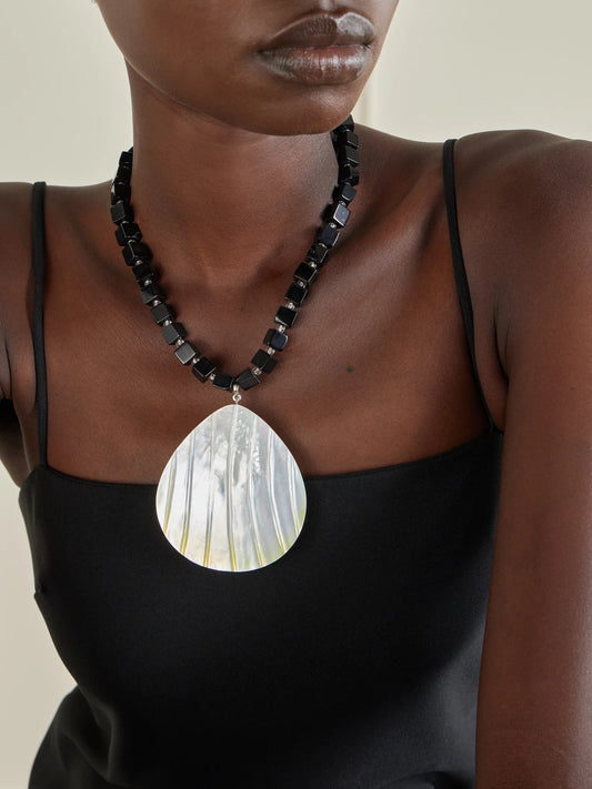 Image of Necklaces. Product name - Oro Rhodium-plated, Shell And Onyx Necklace in Black colour by brand - Julietta