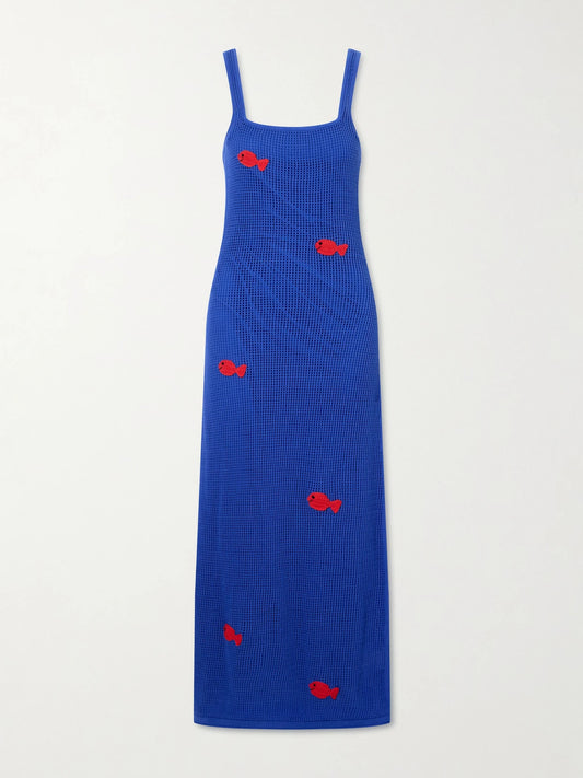 Image of Dresses. Product name - + Da Adolfo Pietro Crocheted Embroidered Midi Dress in Blue colour by brand - STAUD