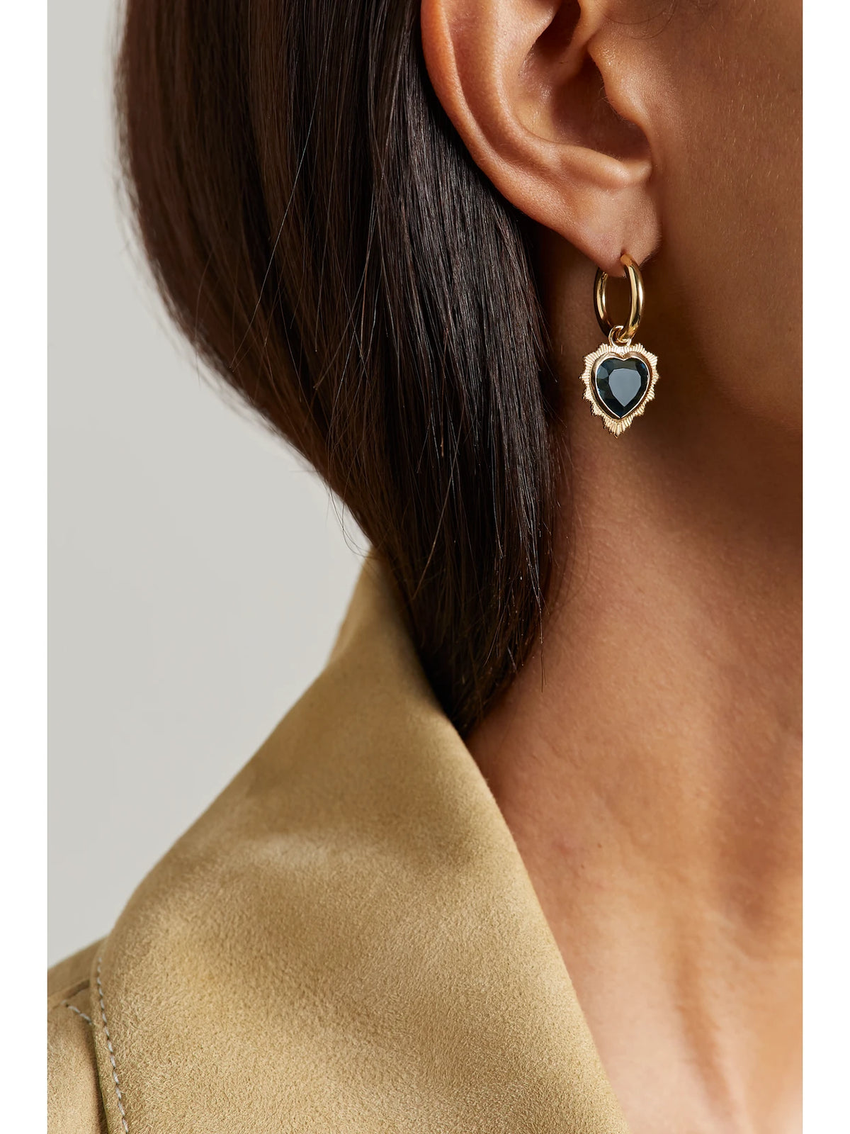 Image of Earrings. Product name - Gemstone Heart 18-karat Gold Topaz Single Hoop Earring in Blue colour by brand - FoundRae