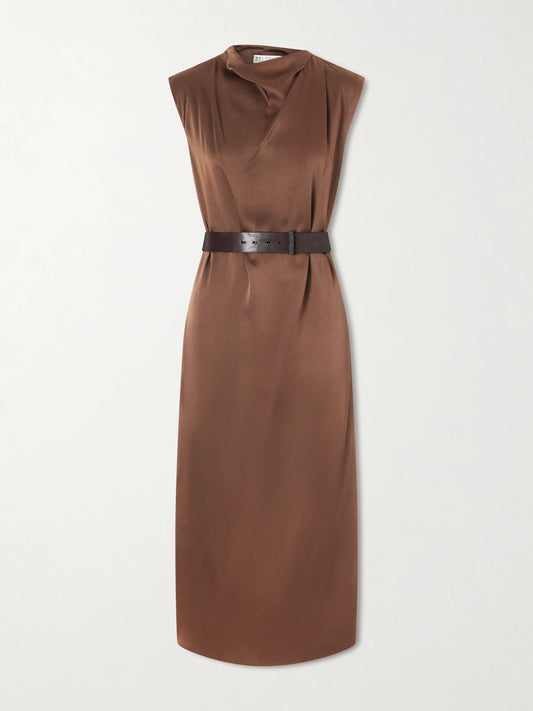 Image of Dresses. Product name - Belted Satin Midi Dress in Dark brown colour by brand - Brunello Cucinelli