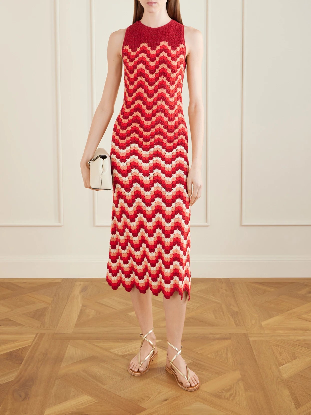 Image of Dresses. Product name - Cuenca Scalloped Crocheted Cotton Maxi Dress in Red colour by brand - ESCVDO