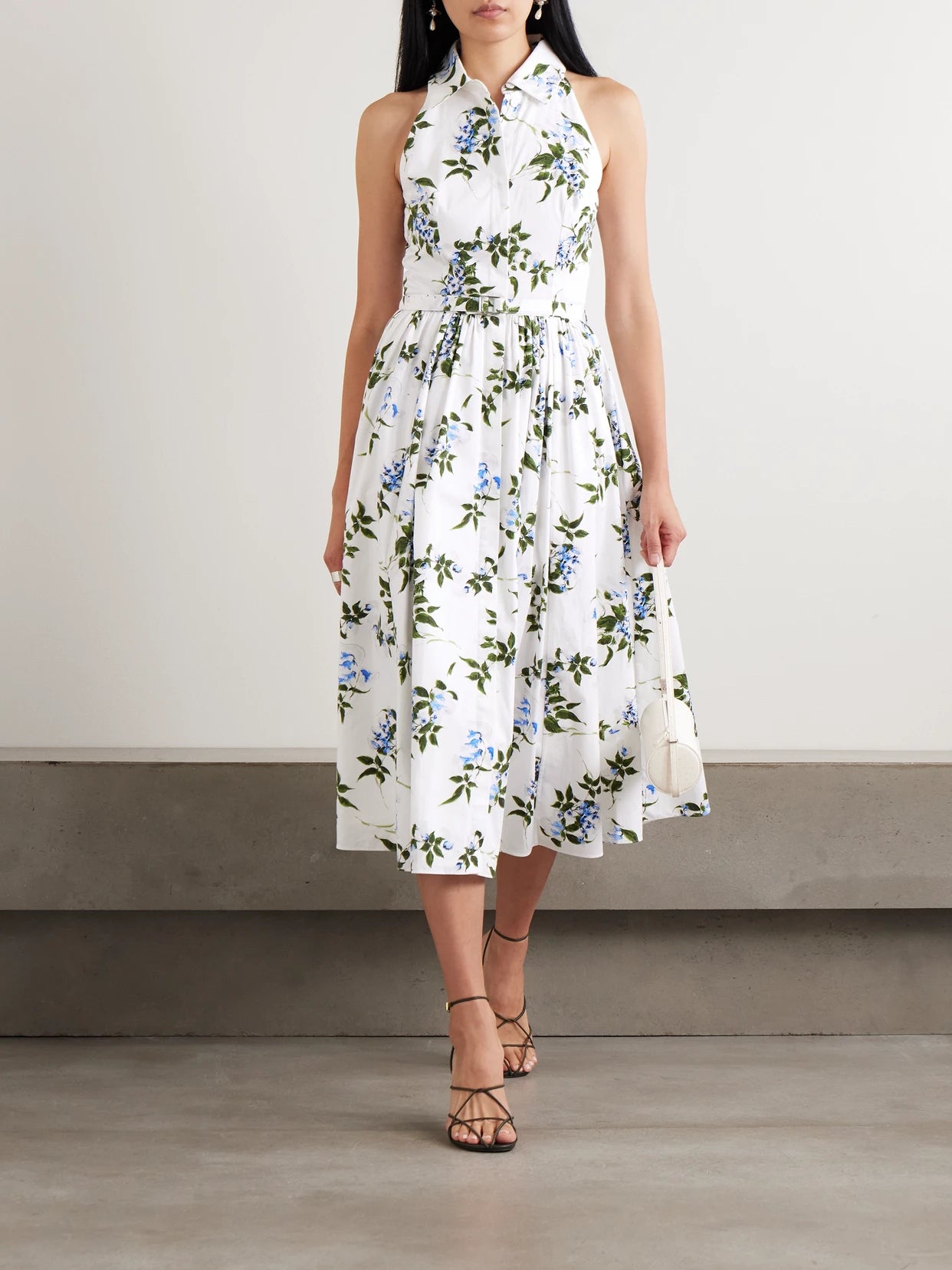 Image of Dresses. Product name - Norika Belted Floral-print Cotton-poplin Midi Shirt Dress in White colour by brand - Emilia Wickstead