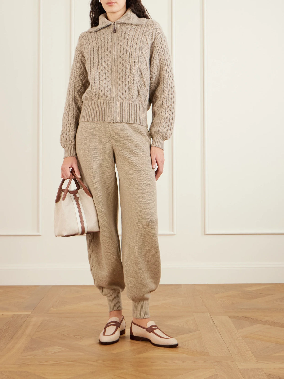 Image of Flats. Product name - Sergio Leather-trimmed Canvas Loafers in Neutral colour by brand - Loro Piana