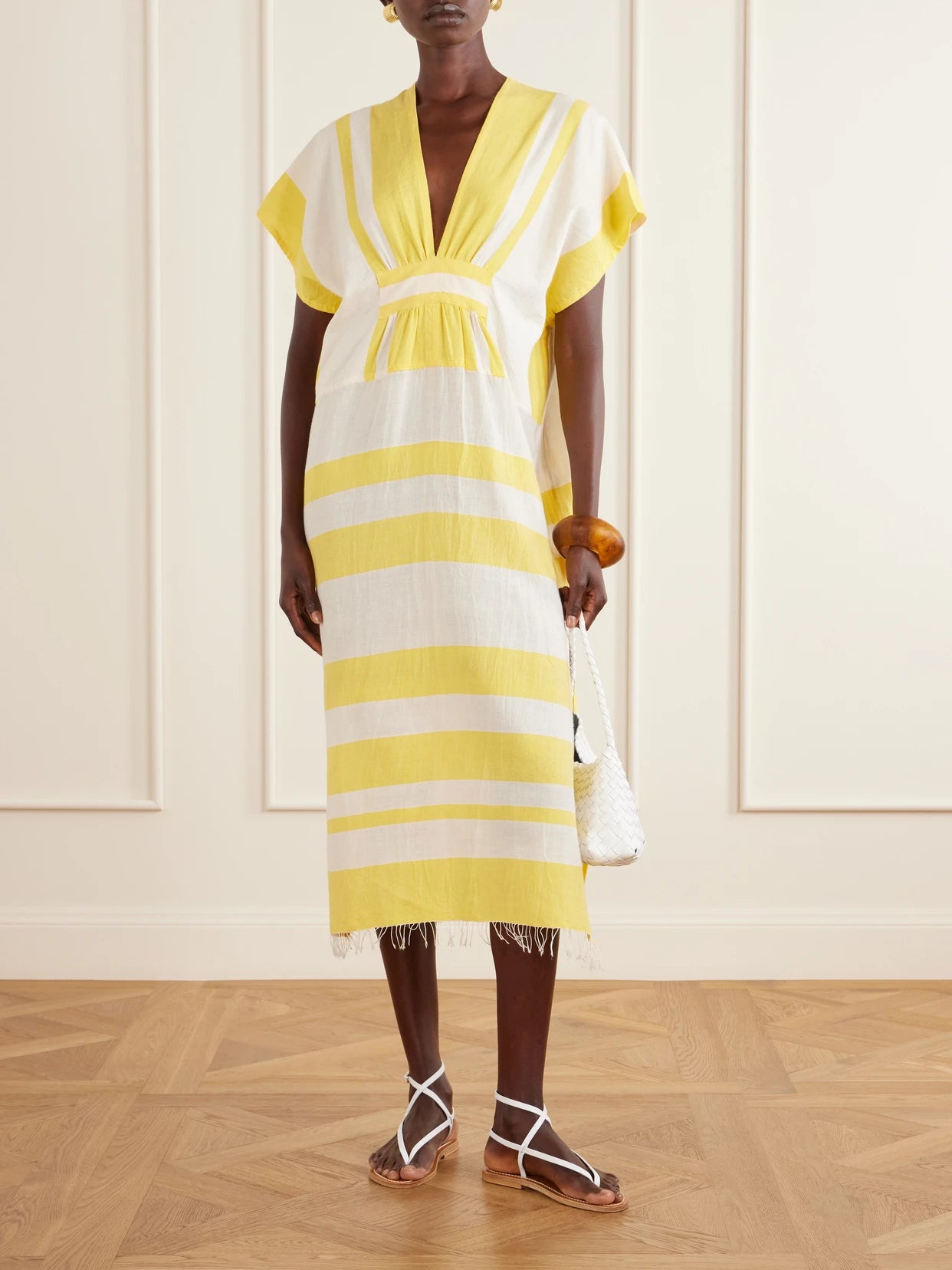Image of Dresses. Product name - Gasira Striped Cotton-blend Maxi Dress in Yellow colour by brand - lemlem