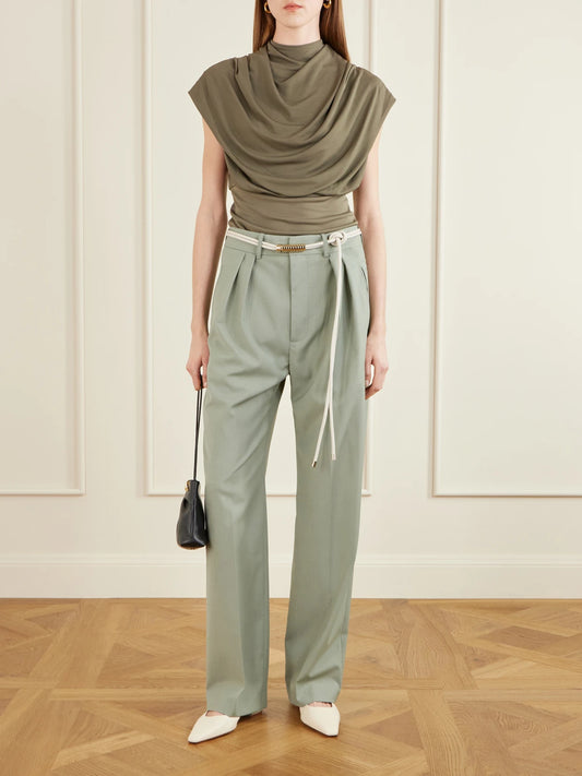 Image of a model wearing Tops. Product name - Jocelyn Gathered Draped Jersey Top in Gray green colour by brand - KALLMEYER
