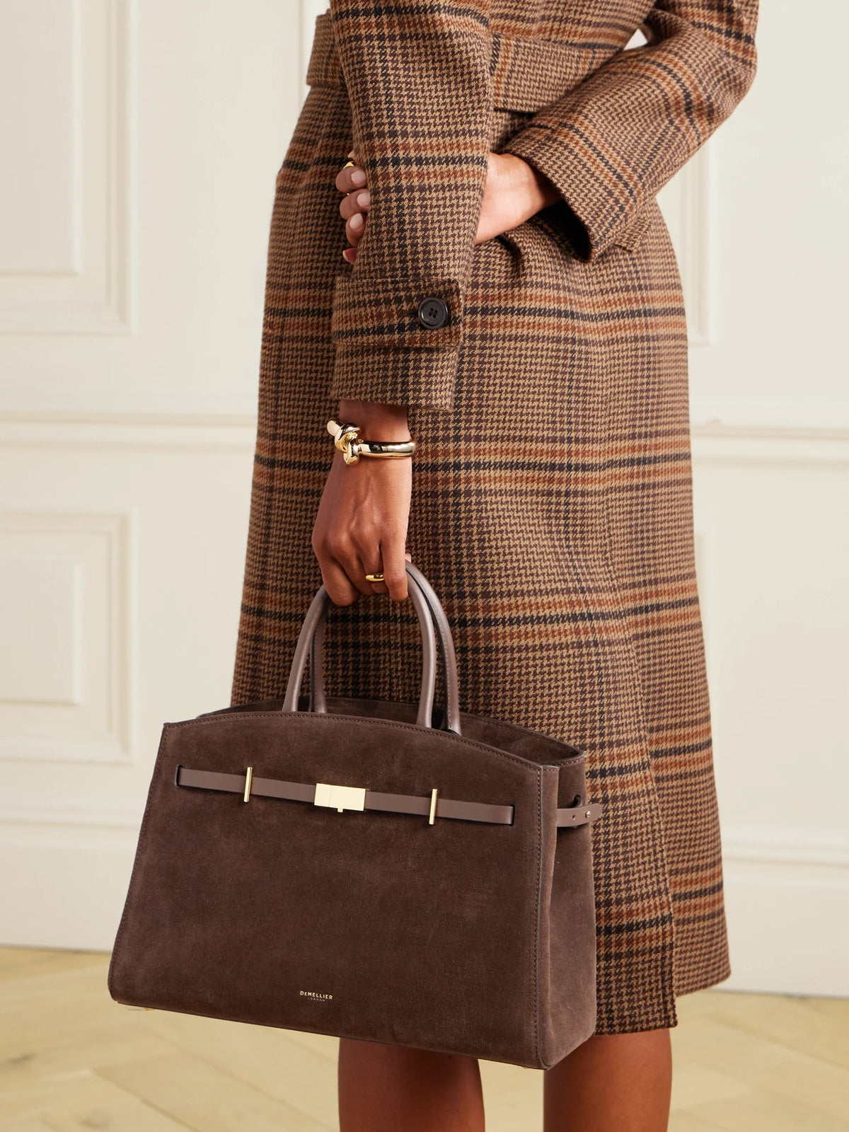 Image of Bags. Product name - The Hudson Midi Leather-trimmed Suede Tote in Chocolate colour by brand - DeMellier