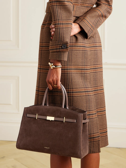 Image of Bags. Product name - The Hudson Midi Leather-trimmed Suede Tote in Chocolate colour by brand - DeMellier