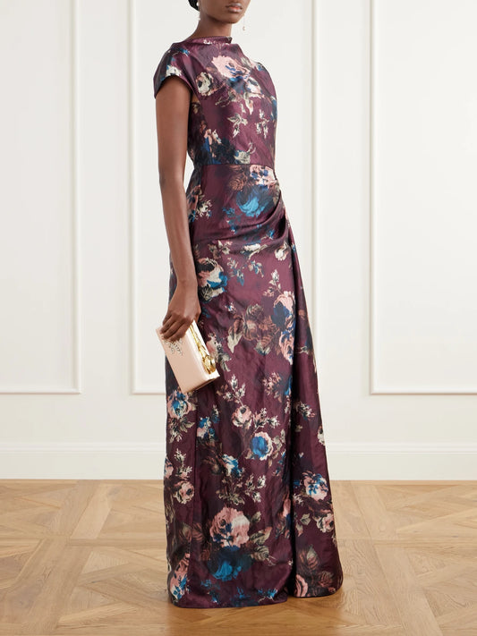 Image of Dresses. Product name - Floral-print Draped Crinkled Satin Gown in Burgundy colour by brand - Erdem