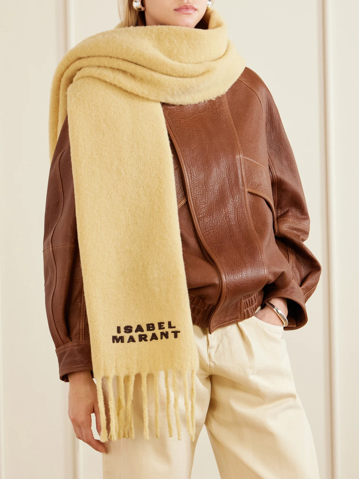 Image of Scarves & Shawls. Product name - Firny Fringed Embroidered Alpaca-blend Scarf in Pastel yellow colour by brand - ISABEL MARANT