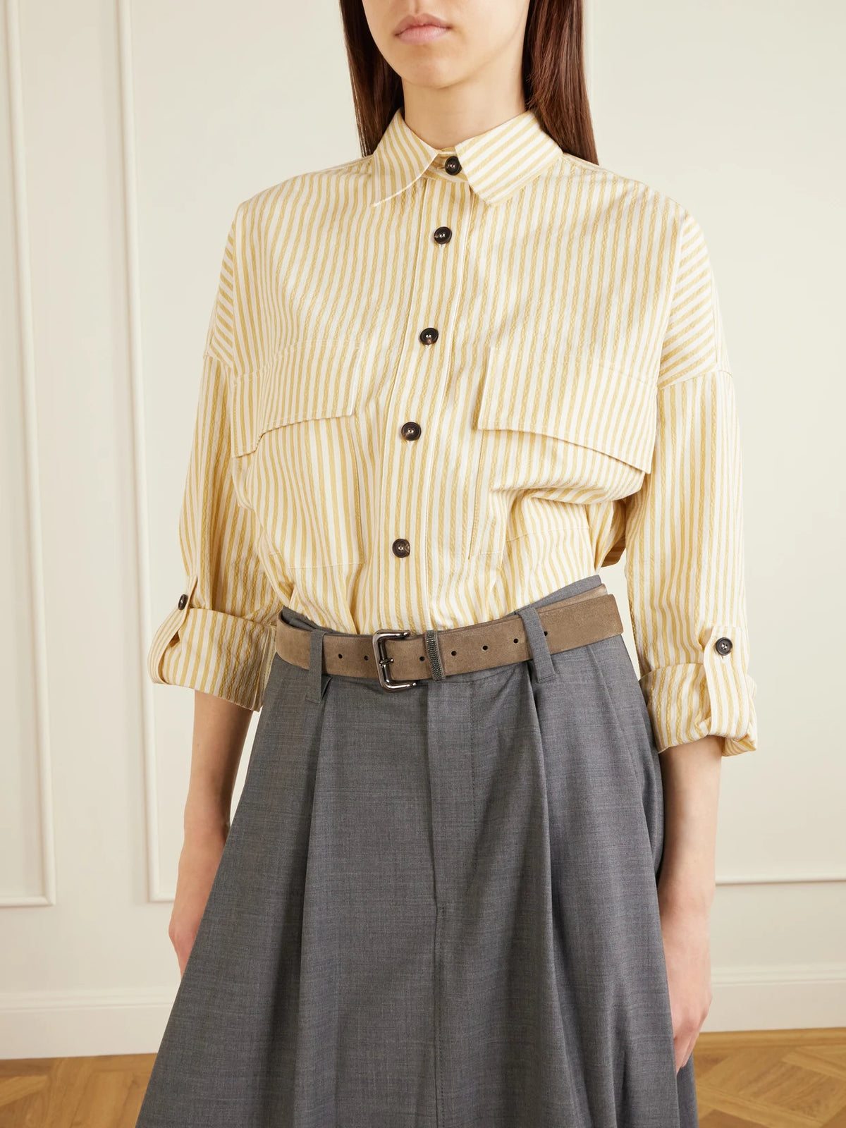 Image of Belts. Product name - Monili-embellished Suede Belt in Taupe colour by brand - Brunello Cucinelli