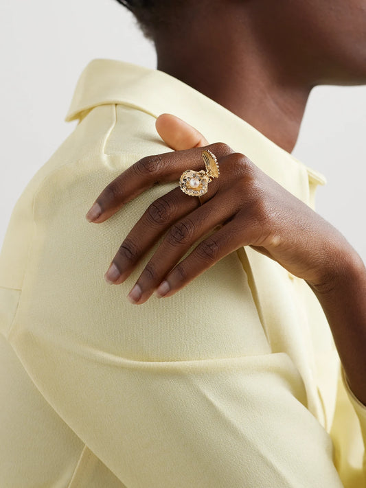 Image of Rings. Product name - Lady Venus 14-karat Gold, Diamond And Pearl Ring in Multi colour by brand - Mateo