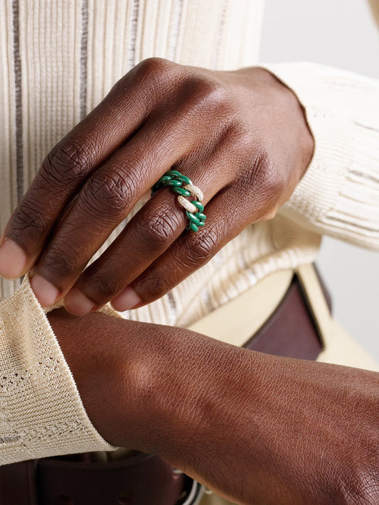 Image of Rings. Product name - Medium Link 18-karat Gold, Diamond And Ceramic Ring in Green colour by brand - SHAY