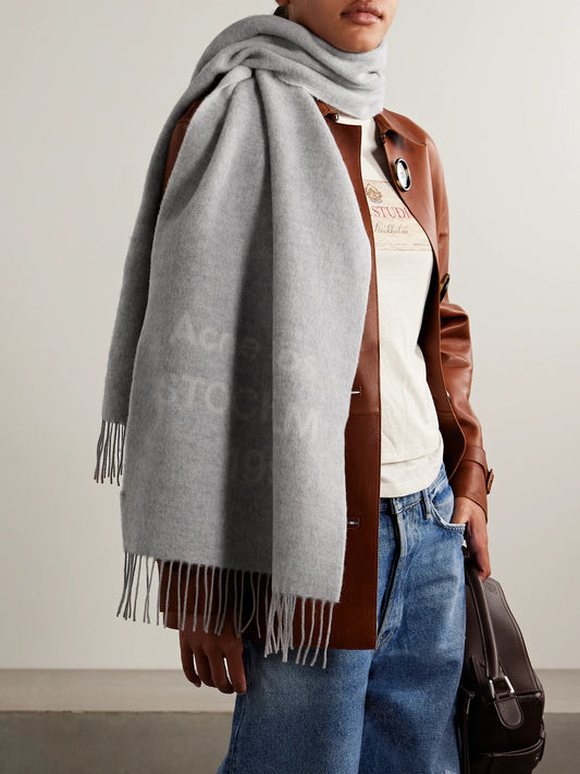 Image of Scarves & Shawls. Product name - Fringed Wool-jacquard Scarf in Gray colour by brand - Acne Studios