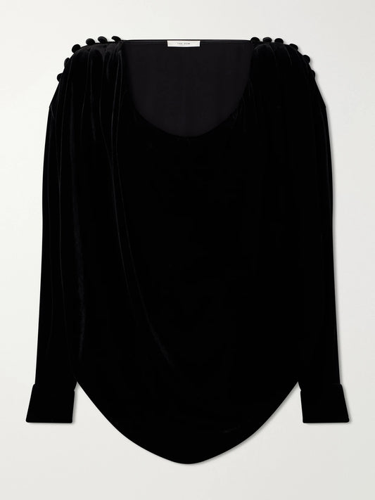 Ruched Button-embellished Velvet Blouse
