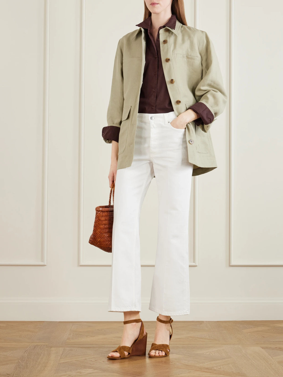 Image of Heels. Product name - 85 Suede Wedge Sandals in Brown colour by brand - Gianvito Rossi