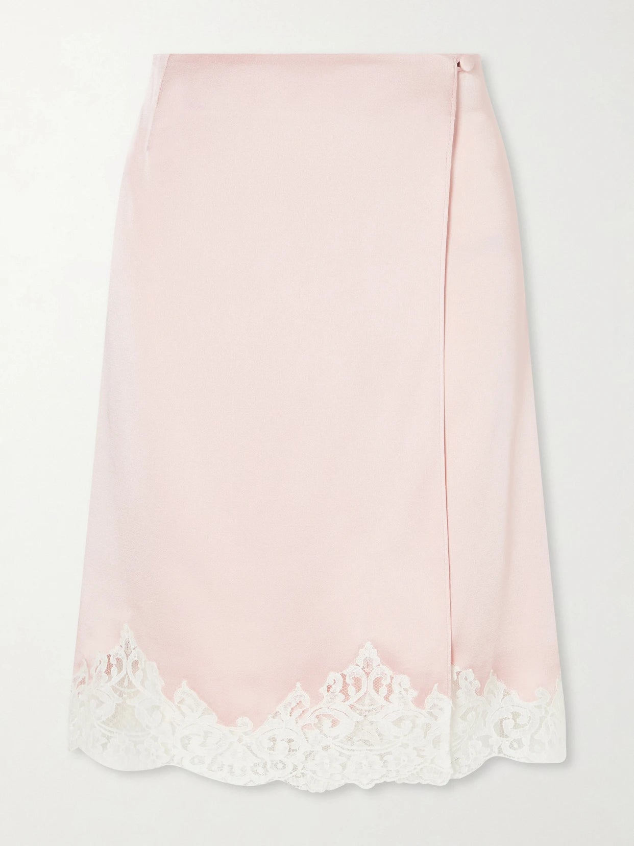 Image of a model wearing Skirts. Product name - Lace-trimmed Satin Midi Skirt in Pink colour by brand - Stella McCartney