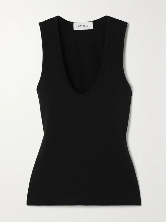 Image of a model wearing Tops. Product name - + Net Sustain Organic Cotton-blend Jersey Tank in Black colour by brand - Matteau