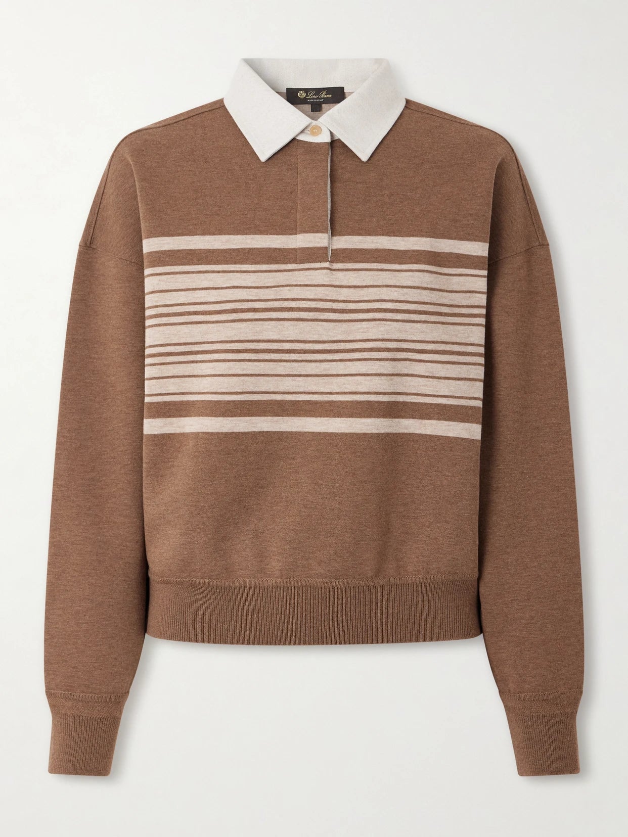 Image of a model wearing Outerwear. Product name - Striped Wool And Cashmere-blend Polo Shirt in Brown colour by brand - Loro Piana