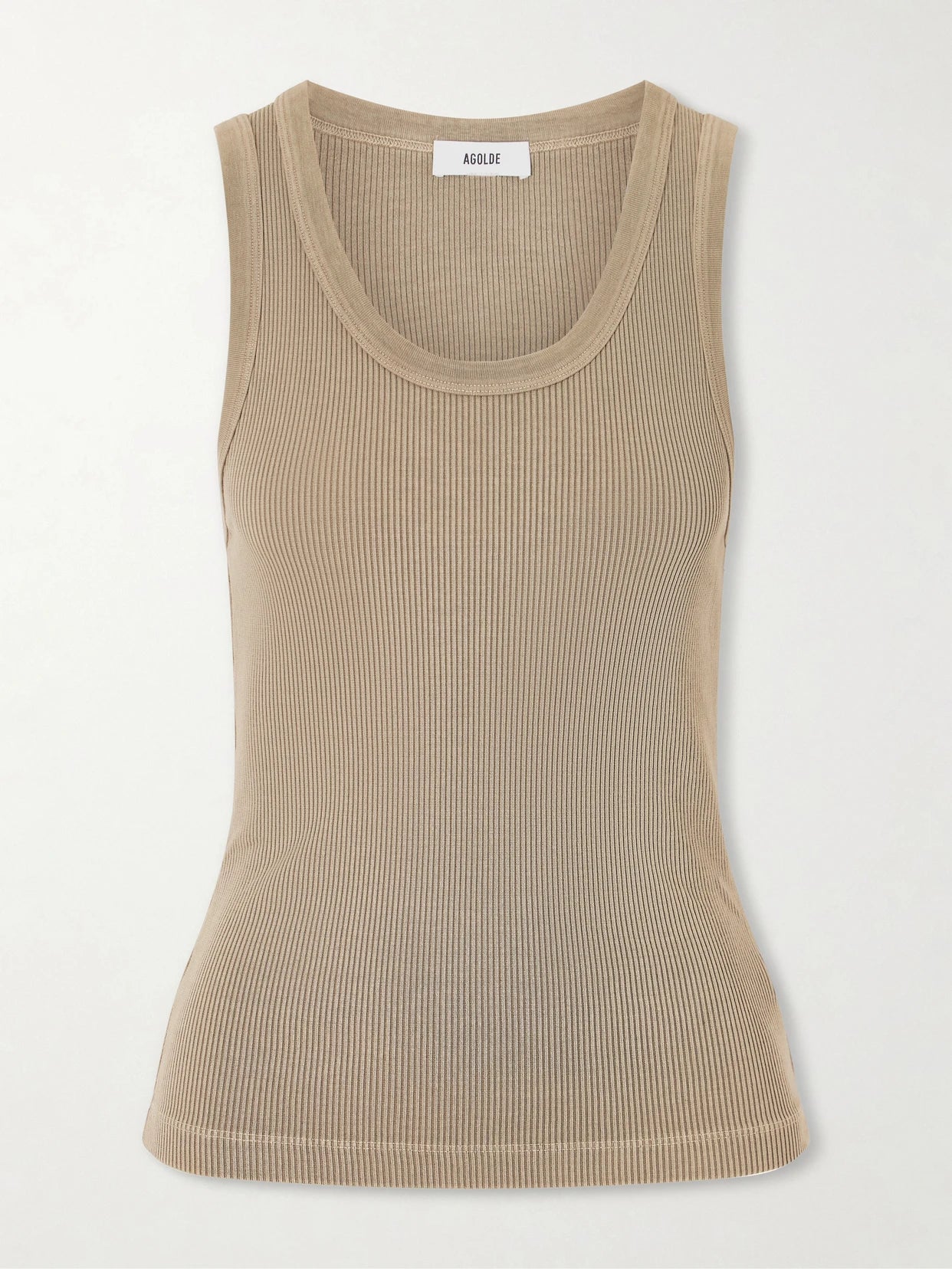Image of a model wearing Tops. Product name - Poppy Ribbed Stretch Organic Cotton And Tencel-blend Jersey Tank in Brown colour by brand - AGOLDE