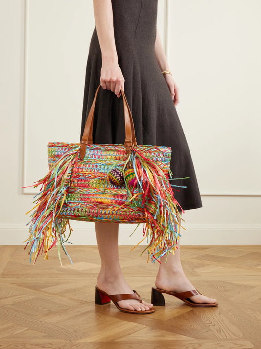 Trancoso Fringed Embellished Leather-trimmed Woven Raffia Tote