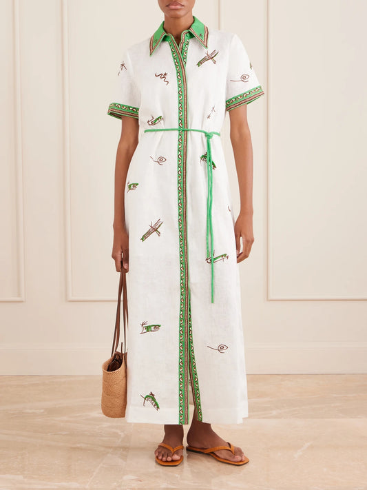 Image of Dresses. Product name - Wanda Belted Embroidered Linen Midi Shirt Dress in Ivory colour by brand - ALÉMAIS