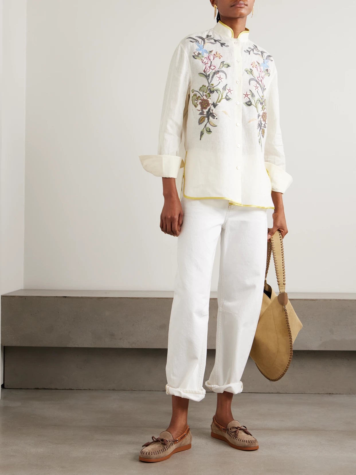 Image of a model wearing Tops. Product name - Silk-trimmed Embroidered Linen Shirt in Cream colour by brand - Valentino Garavani