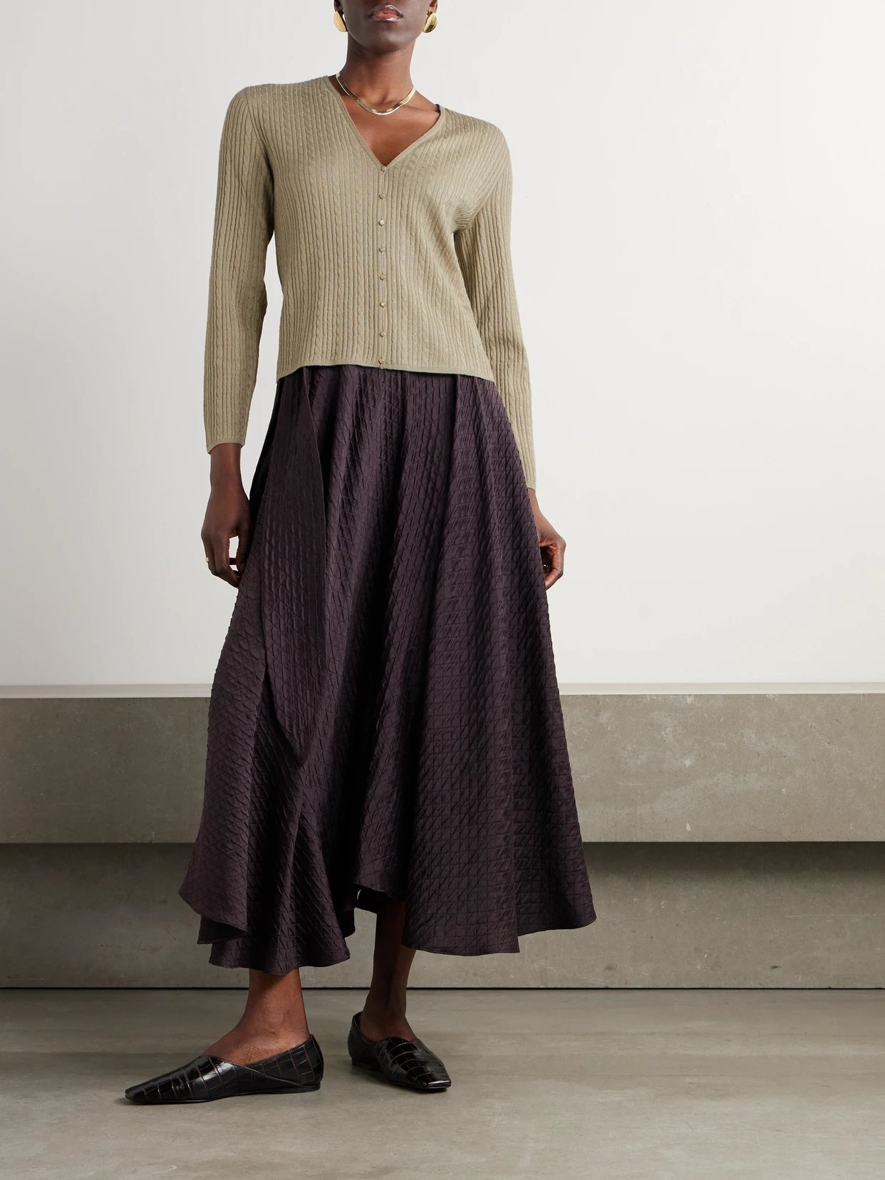 Image of a model wearing Outerwear. Product name - Rimella Cable-knit Cashmere And Silk-blend Cardigan in Sage green colour by brand - Loro Piana