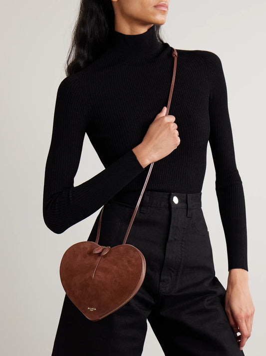 Image of Bags. Product name - Le Coeur Suede And Leather Shoulder Bag in Brown colour by brand - Alaïa