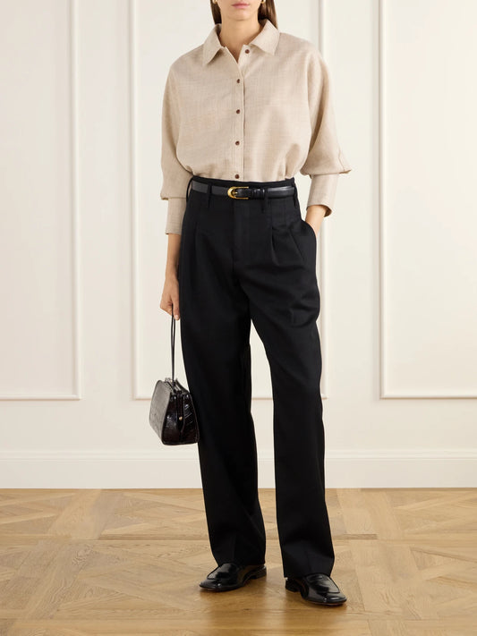 Image of a model wearing Tops. Product name - Ridge Wool Woven Shirt in Beige colour by brand - OSSOU