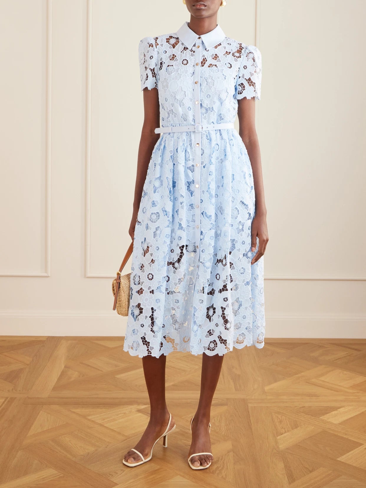 Image of Dresses. Product name - Embroidered Guipure Lace Midi Dress in Blue colour by brand - Self-Portrait