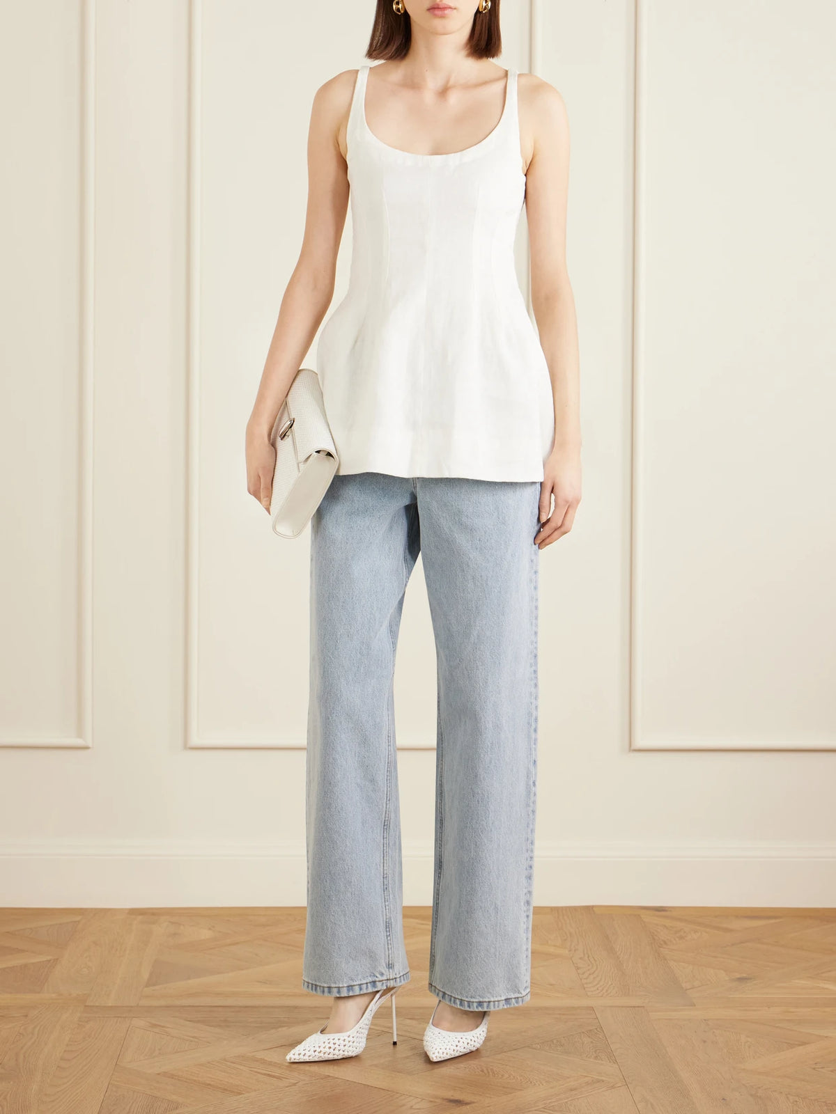 Image of Heels. Product name - Lidia 105 Leather-trimmed Straw Slingback Pumps in White colour by brand - Paris Texas