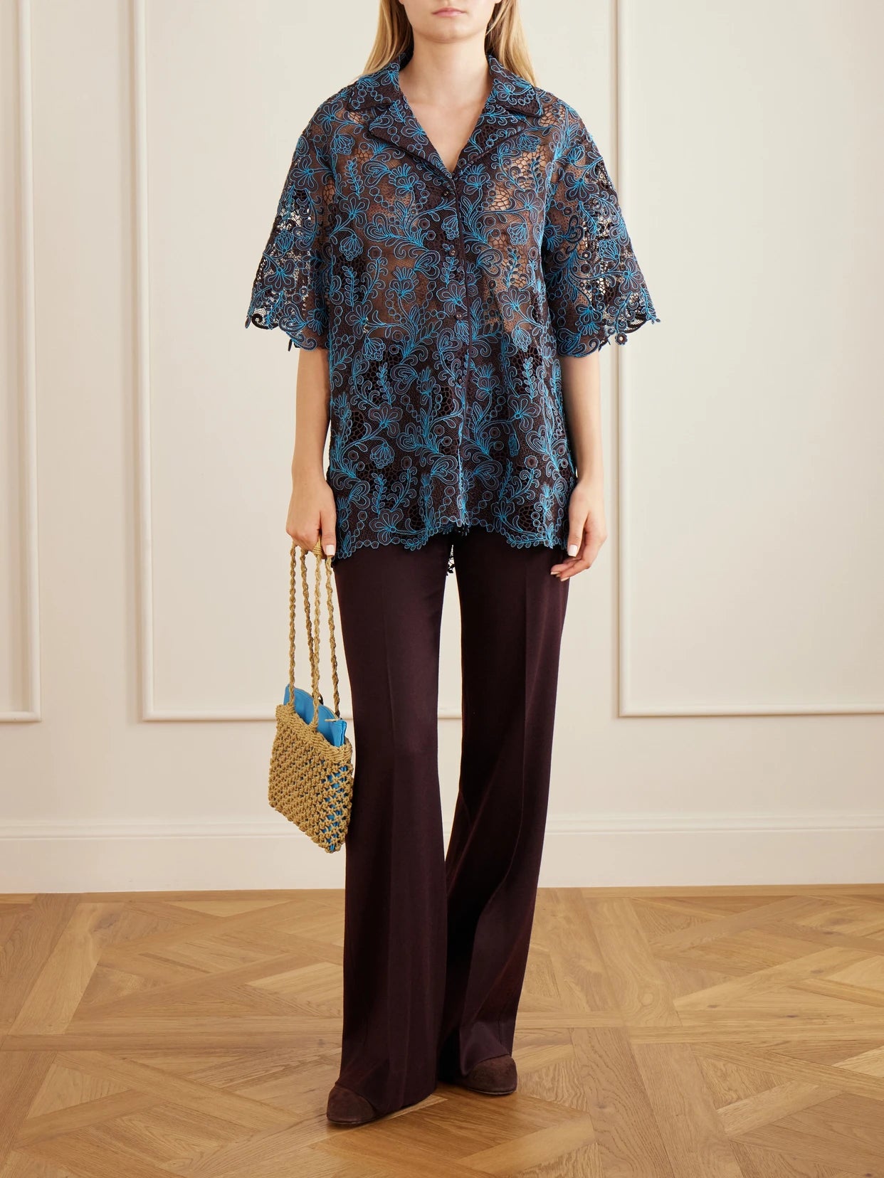 Image of a model wearing Tops. Product name - Francine Guipure Lace Shirt in Chocolate colour by brand - ALÉMAIS