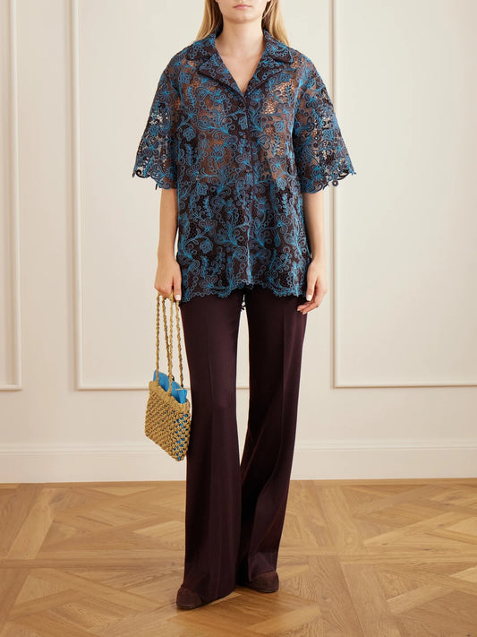 Image of a model wearing Tops. Product name - Francine Guipure Lace Shirt in Chocolate colour by brand - ALÉMAIS