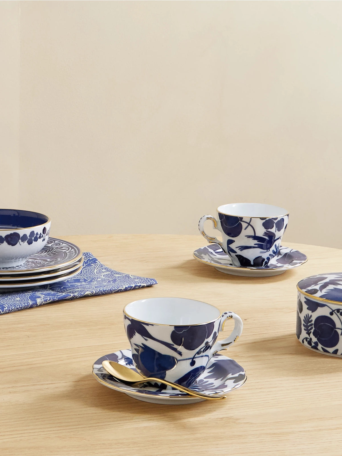 Image of Tableware. Product name - Set Of Two Gold-plated Porcelain Teacups And Saucers in Blue colour by brand - La DoubleJ