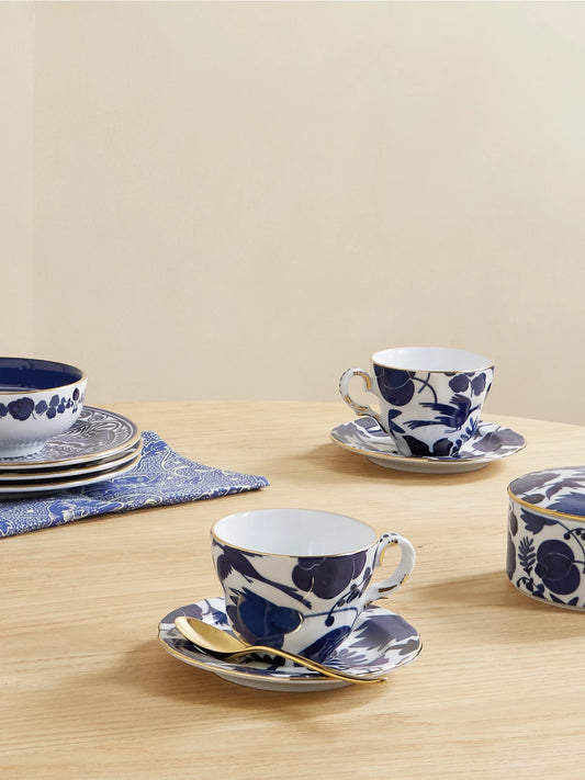 Image of Tableware. Product name - Set Of Two Gold-plated Porcelain Teacups And Saucers in Blue colour by brand - La DoubleJ