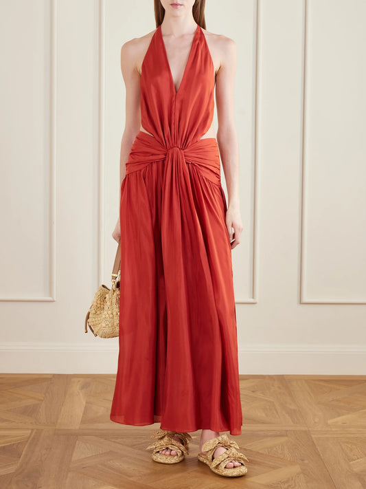 Image of Dresses. Product name - Indra Knotted Silk Halterneck Maxi Dress in Red colour by brand - Zimmermann