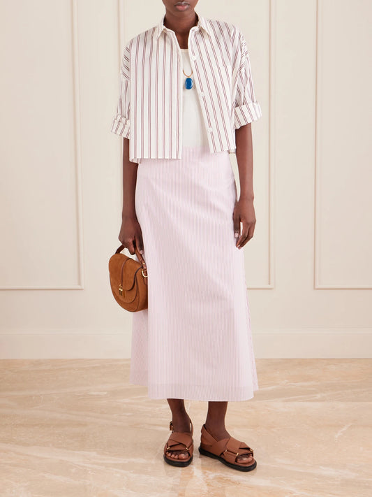 Image of a model wearing Skirts. Product name - A-line Striped Cotton Midi Skirt in Multi colour by brand - TWP