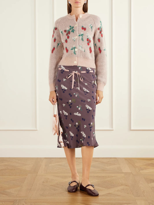 Image of a model wearing Outerwear. Product name - Amelia Intarsia-knit Mohair-blend Cardigan in Pink colour by brand - BERNADETTE