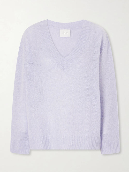 Image of a model wearing Outerwear. Product name - Leona Cashmere And Silk-blend Sweater in Purple colour by brand - LISA YANG