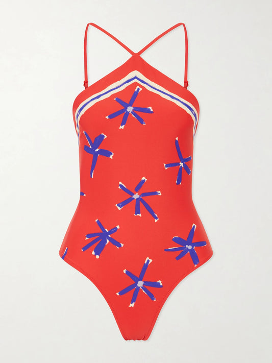 Image of Swimwear. Product name - Cadence Printed Halterneck One-piece in Red colour by brand - STAUD